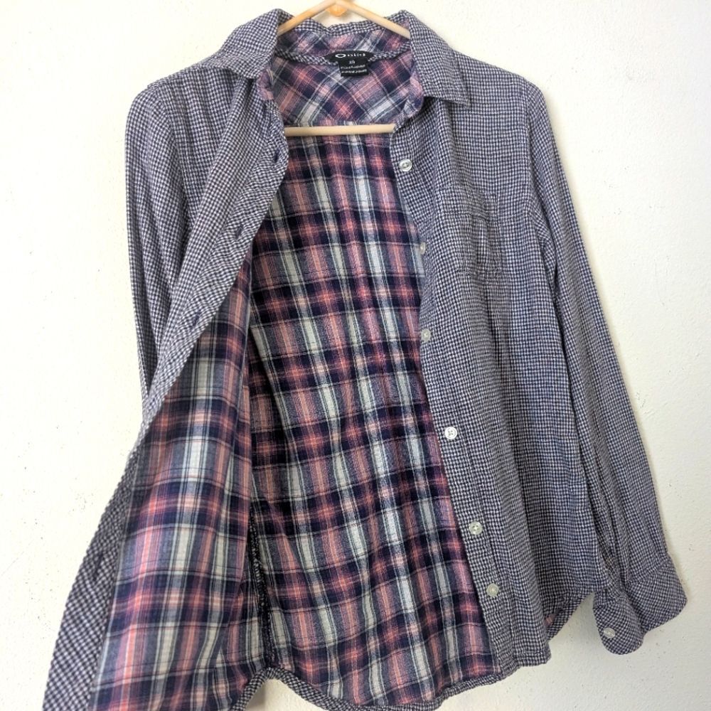 Oakley Women's Gingham Plaid Button-Up, XS Blue Gingham Pink Plaid Lining Cotton